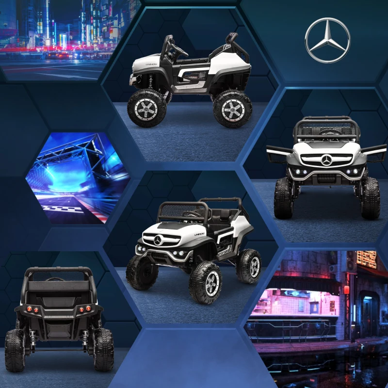 HOMCOM Voiture électrique 4x4 pour enfants de 3 à 8 ans Mercedes-Benz Unimog avec télécommande roues suspendues klaxons blanc