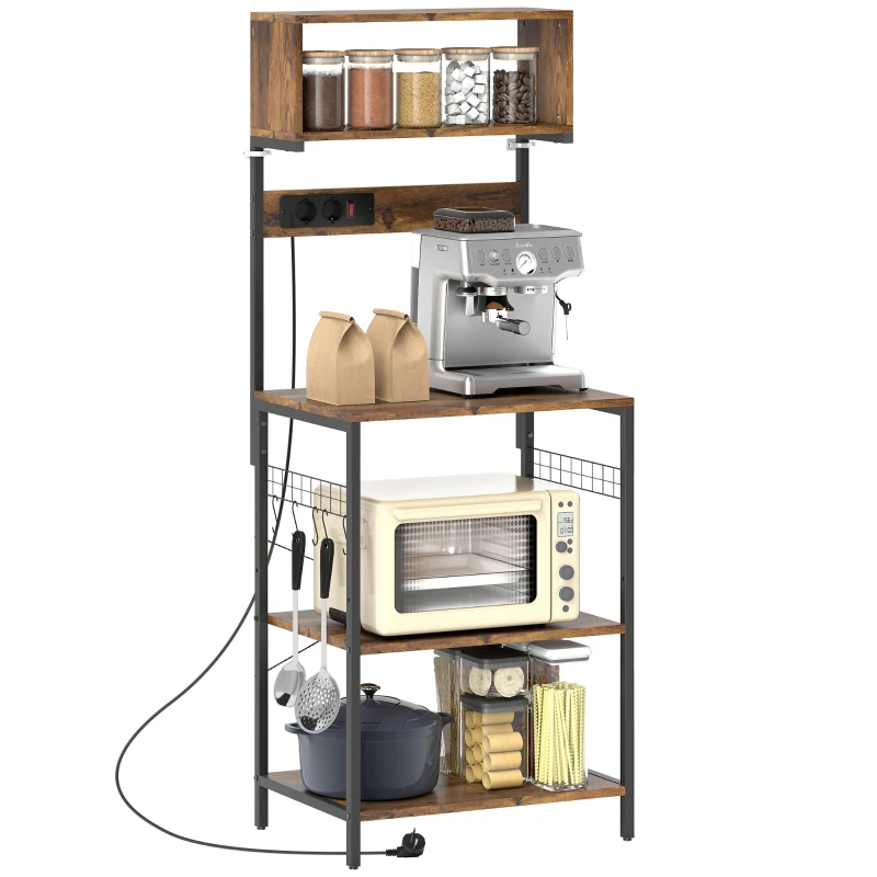 HOMCOM Keukenrek, staand rek met 5 S-haken, 5 planken, stopcontact, van staal, Rustiek-Bruin, 60 x 42 x 153 cm