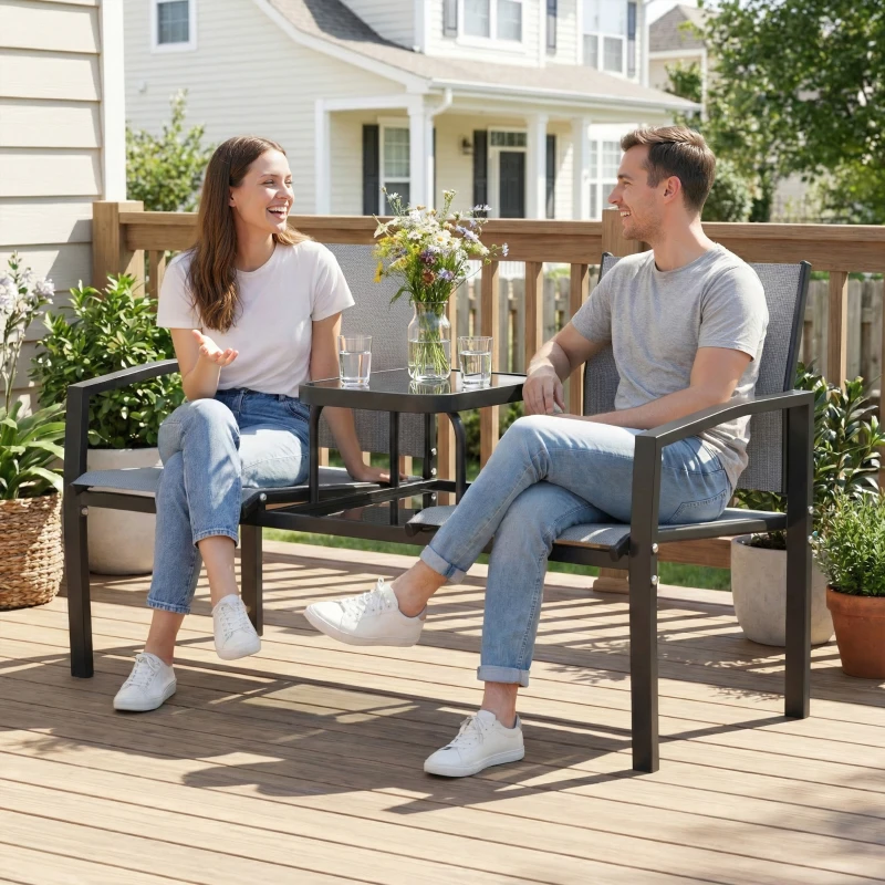 Outsunny 2-Sitzer Gartenbank Sitzbank mit Rücken- & Armlehnen, 2-stufigem Glastisch Parkbank 240kg belast 135 x 67 x 81 cm Grau