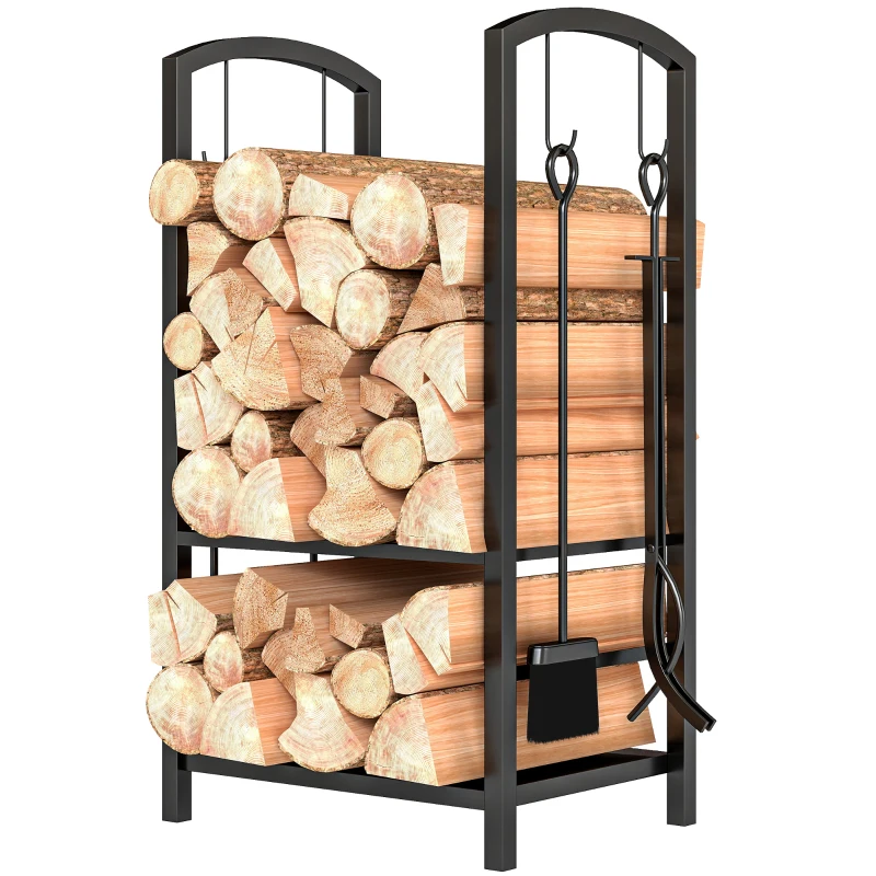 Outsunny Kaminholzständer, Brennholzregal, 2 Etagen, Kaminbesteck, bis 100 kg, Stahl, Schwarz, 40 x 30 x 74,5 cm