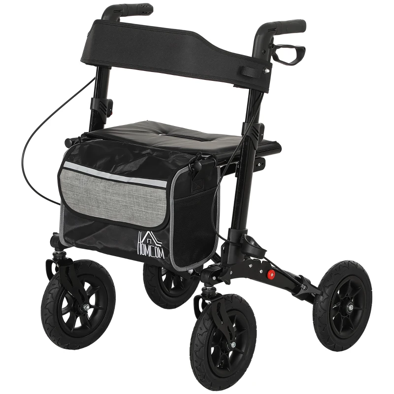 HOMCOM Folding Rollator Walker with Padded Seat, Backrest, Lightweight Walking Frame with Storage Bag, Dual Brakes, All-terrain Wheels, Adjustable Handle Height, 4 Wheeled Walker for Seniors, Black