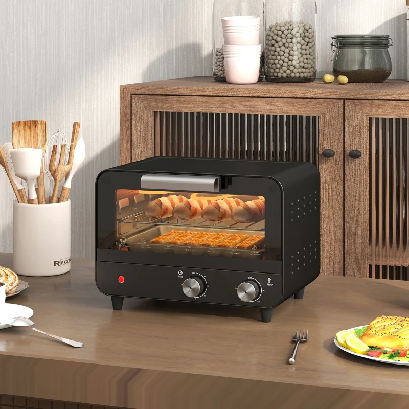 HOMCOM Small Toaster Oven, 12L Multifunction Mini Countertop Oven with Glass Door, Adjustable Temperature and Timer, Black