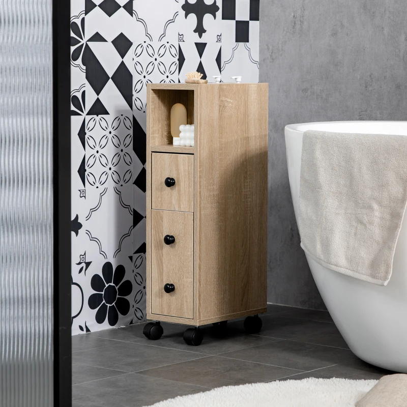kleankin Armario de Baño con Ruedas Mueble Auxiliar para Baño con Estante Abierto Puerta y Cajón 18x30x68,5 cm Roble