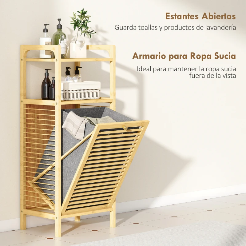 HOMCOM Armario de Baño Estrecho de Bambú con 2 Estantes Abiertos Cesto Extraíble y Diseño con Listones 40x30x95 cm Natural