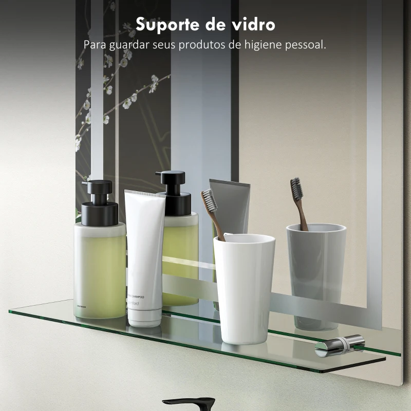kleankin Espelho de Casa de Banho com Luzes LED 60x80 cm 3 Cores de Luz Brilho Ajustável Prateleira de Vidro Função de Memória Prata