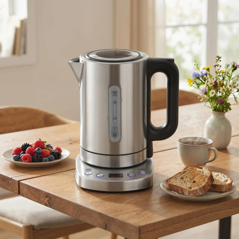 HOMCOM Electric Kettle, 1.7L, Fast Boil, 3kW Water Kettle with UK Strix Thermostat, Keep Warm Function, LCD Base, Silver Tone