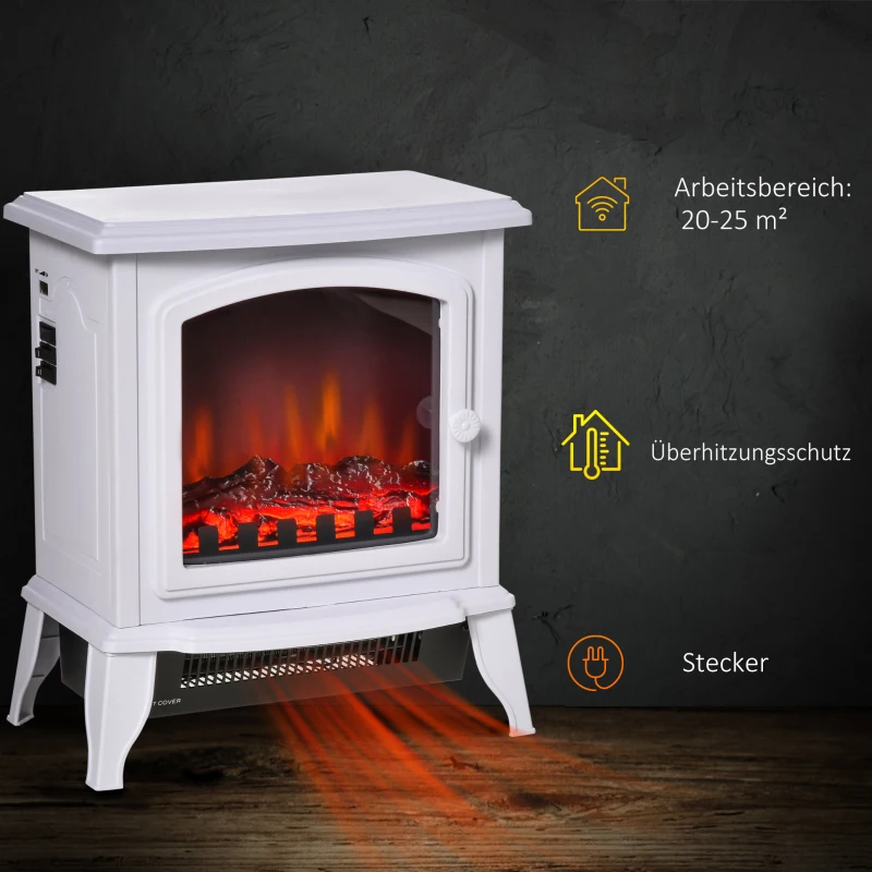 HOMCOM Elektrokamin freistehend, Flammeneffekt, 2 Heizmodi 1000W/2000W, gehärtetes Glas, Weiß, 36,5x24x45,5 cm