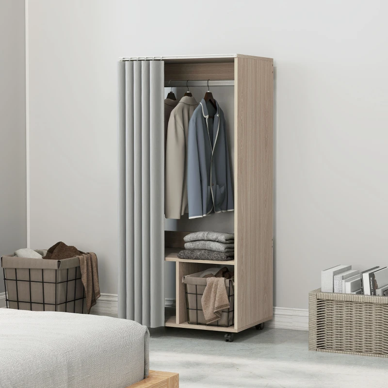 HOMCOM Armoire penderie armoire de rangement mobile avec rideau, tringle de suspension, 60 x 40 x 128 cm, effet bois naturel
