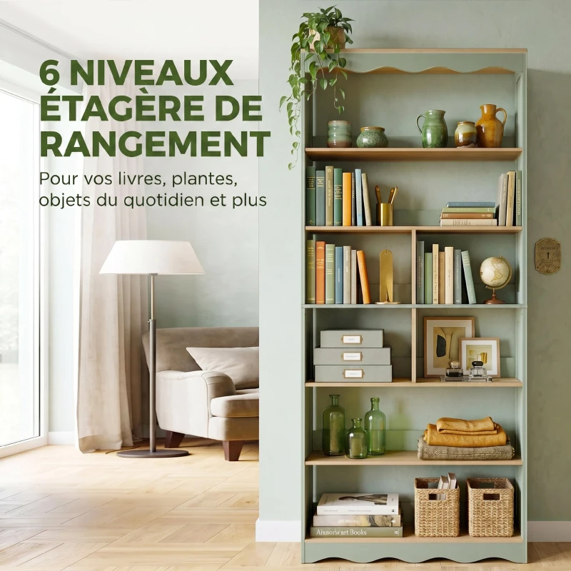 HOMCOM Bibliothèque, étagère de rangement à 6 niveaux avec 6 compartiments ouverts, 76 x 23,8 x 180 cm, bois naturel et vert