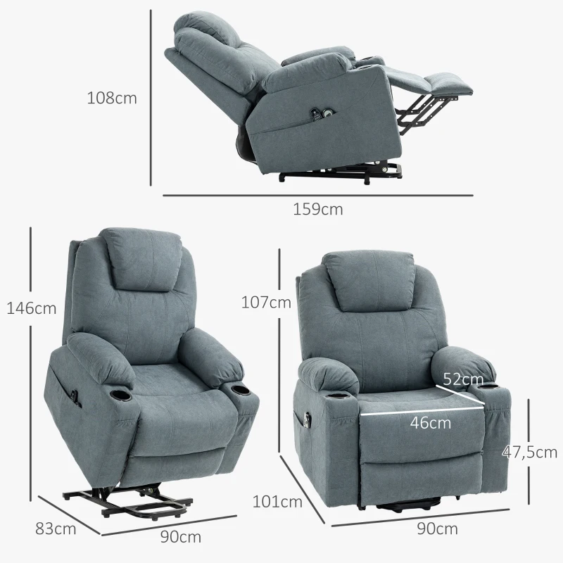HOMCOM Massagestoel met opsta-hulp seniorenstoel, 8 massagepunten, zijvakken, afstandsbediening, 90L x 101B x 107 cm, grijs