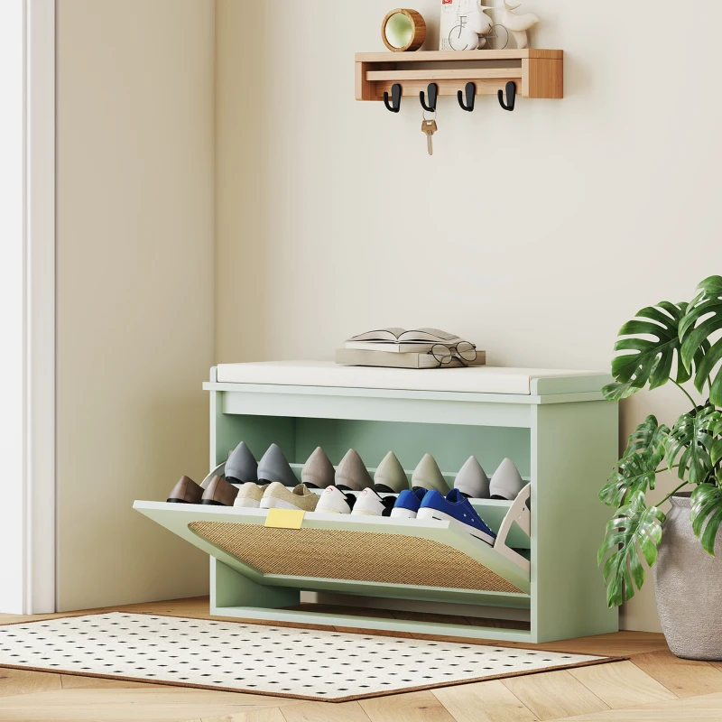 HOMCOM Banc à chaussures, banc de rangement, assise rembourrée, tiroir rabattable, porte en rotin, 80 x 26 x 47,5 cm, vert
