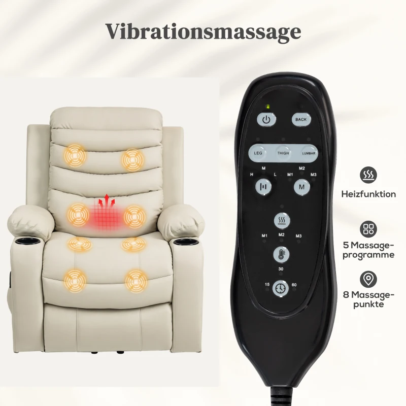 HOMCOM Elektrische Relaxstoel met Opsta-hulp, Massage, Verwarming, USB-aansluiting, PU-leer, Crème