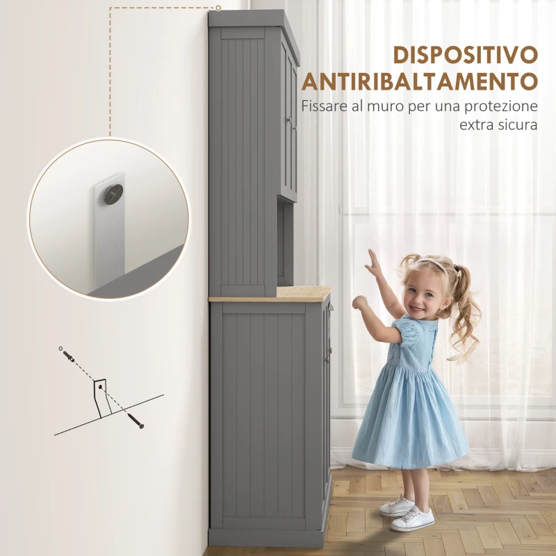 HOMCOM Mobile Dispensa Stile Country con Mensole Regolabili, Armadietti e Cassetto, in Legno, 101x39x180 cm, Grigio