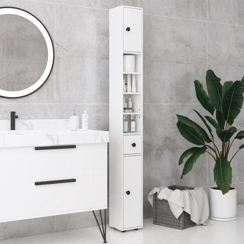 kleankin Colonne de rangement armoire haute pour salle de bain 1 tiroir 4 étagères réglables et 2 placards 20 x 20 x 180 cm blanc