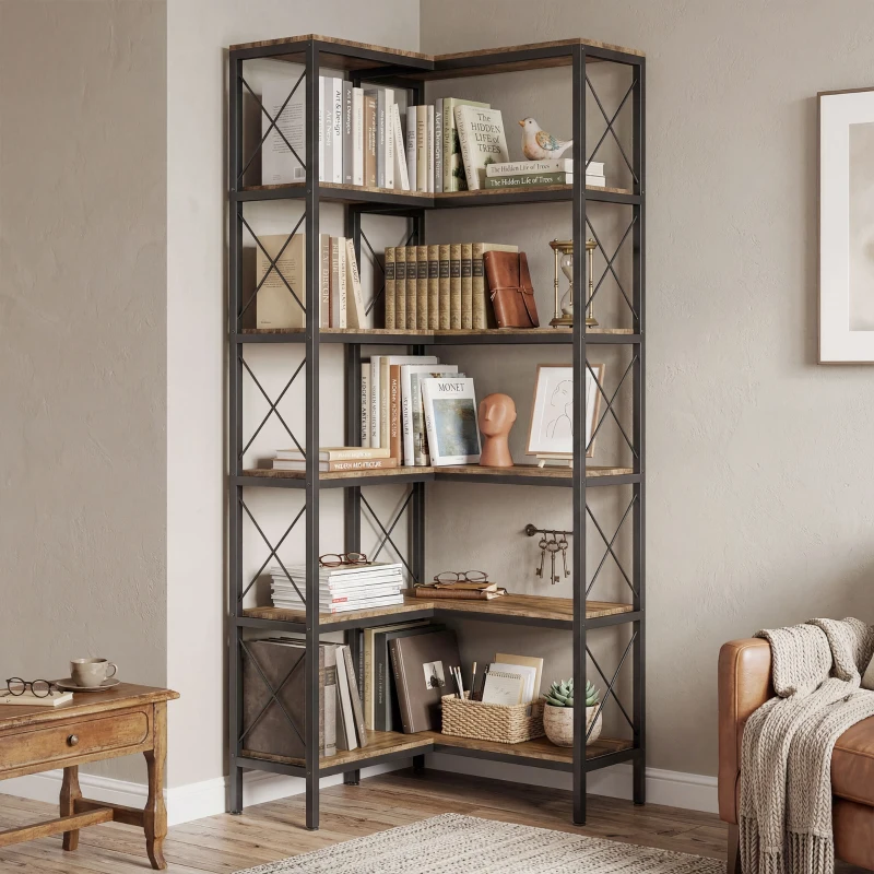 HOMCOM 5-Tier L-Shaped Bookshelf, Freestanding Corner Bookcase with Metal Frame, Rustic Brown