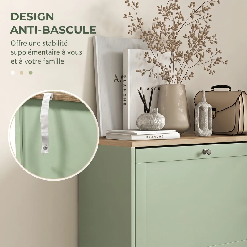 HOMCOM Meuble à Chaussures Style Moderne, 3 Portes Abattantes, 18 Paires de Chaussures, 60 x 23,5 x 115 cm, Vert