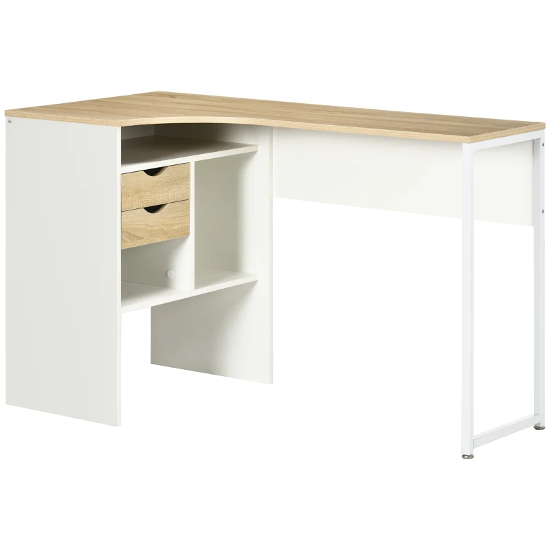 HOMCOM Bureau d'Angle avec 2 Tiroirs, 120 x 60 cm, Bureau en L avec 3 Compartiments Ouverts, Table Informatique pour Étudier, Travailler, Chambre, Maison, Chêne Clair