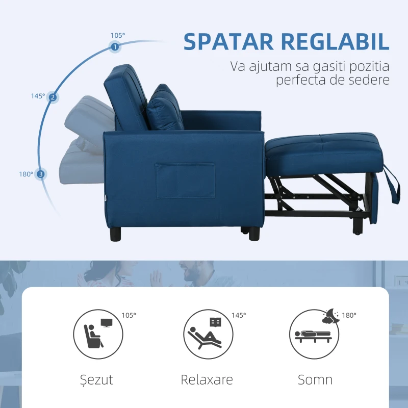 HOMCOM Fotoliu Pat Single Reclinabil pe 3 Niveluri cu Pernă și 2 Buzunare Laterale, 69x82x85cm, Albastru(m-5)