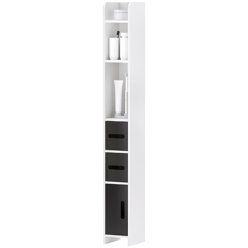 kleankin Coluna Casa de Banho com 3 Portas e 3 Prateleiras Abertas Coluna Auxiliar  Estilo Moderno 15x17x120 cm Branco e Preto