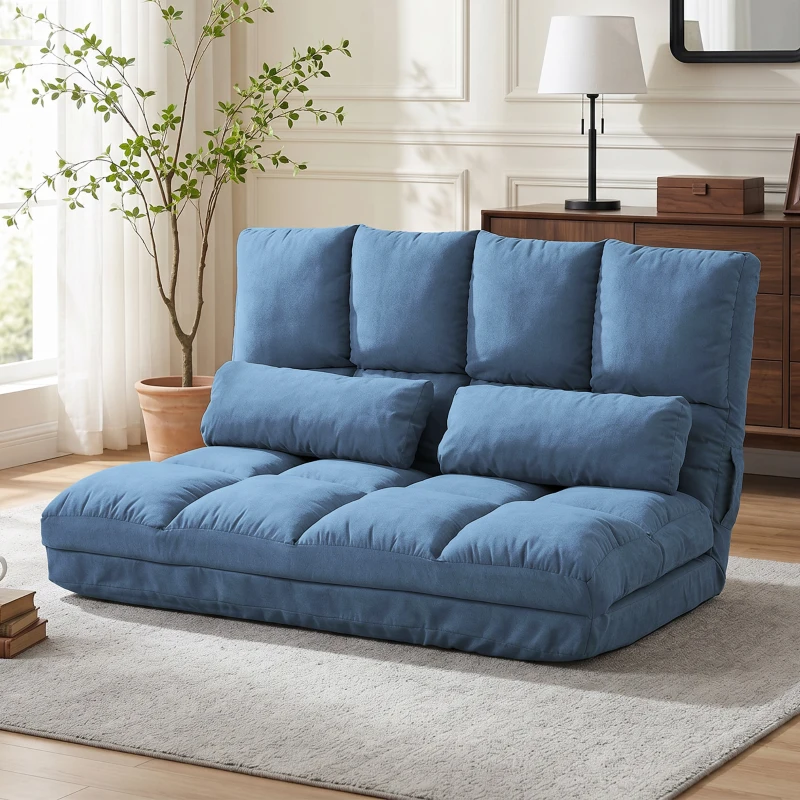 HOMCOM Chauffeuse matelas d'appoint pliant convertible - inclinaison dossier réglable 14 positions - 2 coussins inclus, bleu