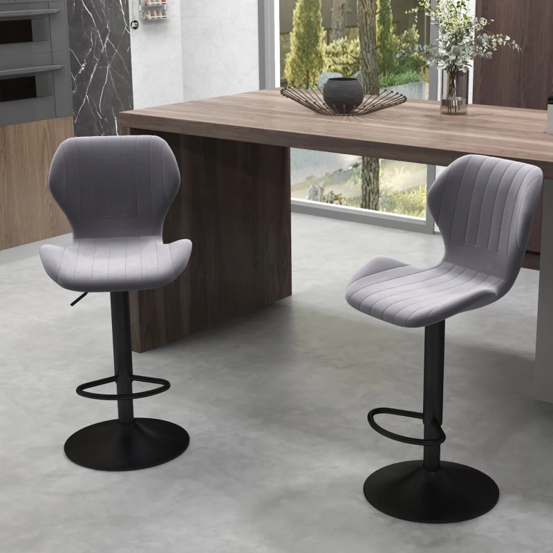 HOMCOM Juego de 2 Taburetes Altos de Cocina y Giratorio Taburetes Altos de Terciopelo con Respaldo y Estructura de Metal 47x51,5x92-114cm Gris