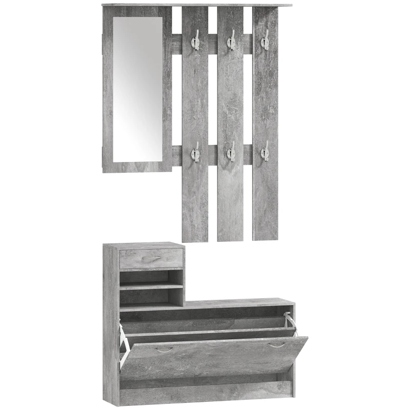 HOMCOM Ensembles 3 en 1 de meuble d'entrée vestiaire avec panneau porte-manteau, miroir et banc à chaussures - 6 crochets et étagère réglable, effet béton gris