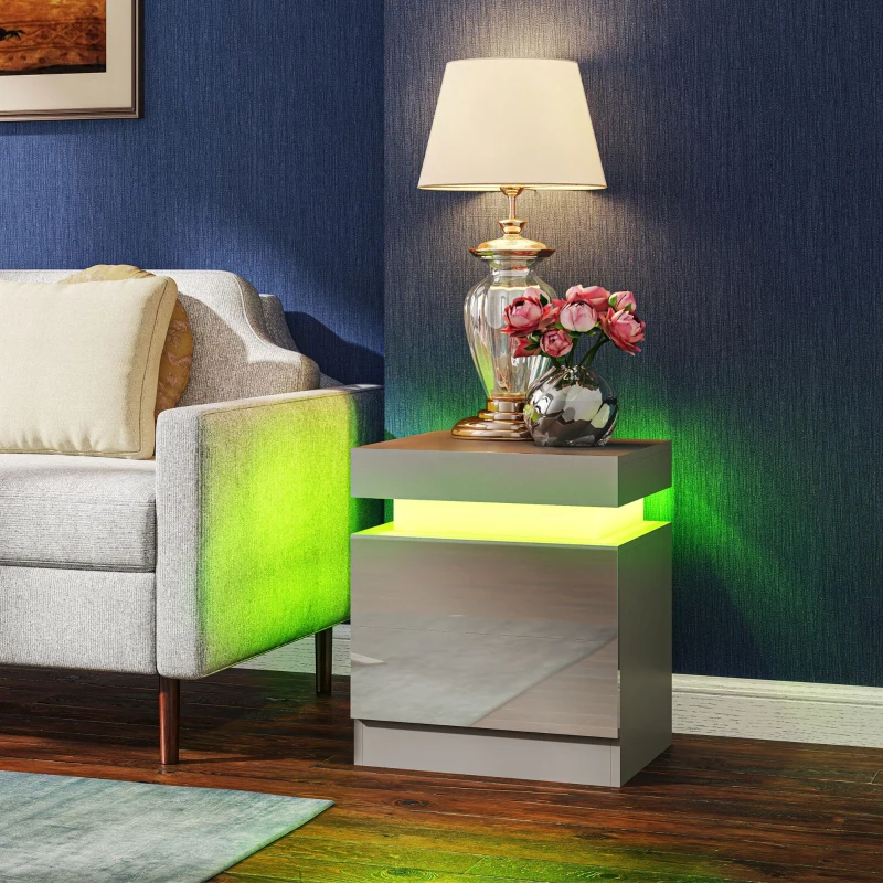 HOMCOM Mesa de Cabeceira com Luz LED Painel de Alto Brilho 2 Gavetas e Controlo Remoto para Dormitório 45x35x52 cm Cinzento