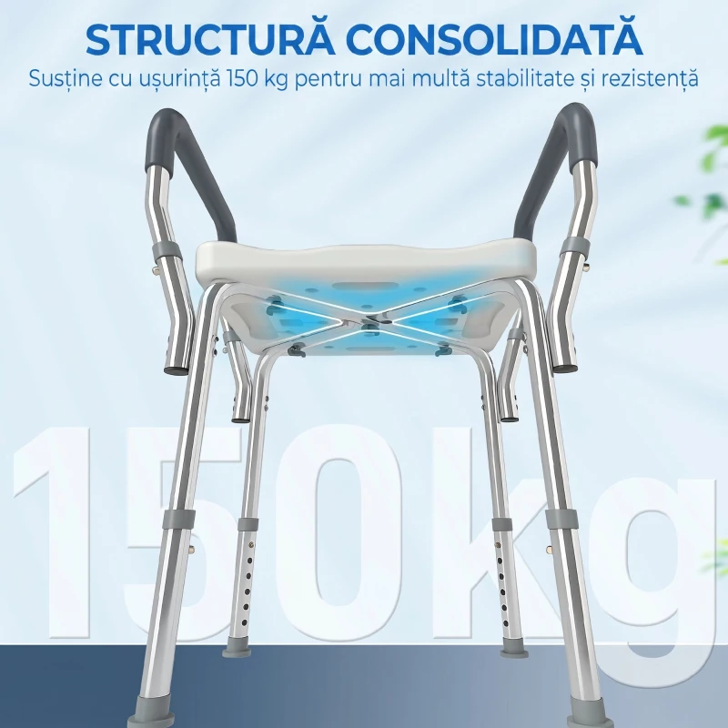 HOMCOM Taburet pentru Duș Reglabil cu Brațe și Orificii de Drenaj, din Aluminiu, HDPE și EVA, 52x45x57-69 cm