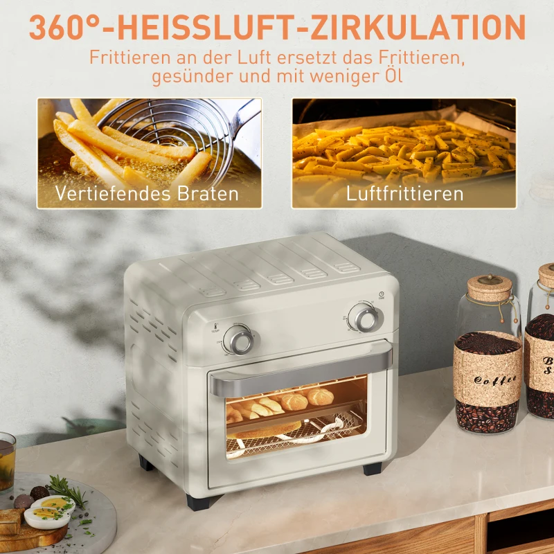 HOMCOM mini-oven met hetelucht, 10 liter airfryer, compacte oven met 60-minuten timer en binnenverlichting, 80-230℃, 3 insteekniveaus, vaatwasserbestendig accessoire, 1000W, crème wit(m-7)