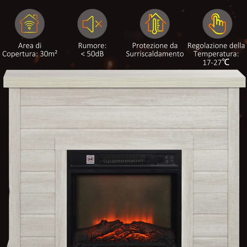 HOMCOM Camino Elettrico 1800W con Effetto Fiamma e Telecomando, in Legno, Metallo e Vetro, 96.5x22x81.7 cm, Grigio Chiaro