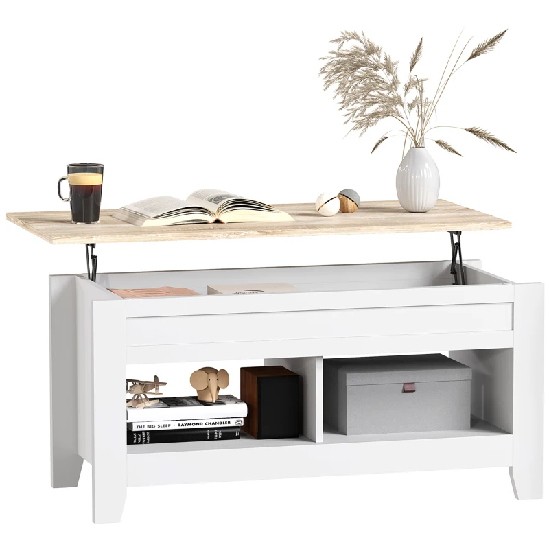 HOMCOM Table basse plateau relevable, table de salon avec étagères et compartiment caché,105 x 50 x 49-62,5 cm blanc