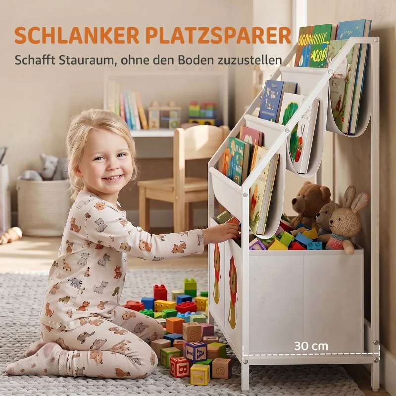 AIYAPLAY Bücherregal für Kinder Kinderregal mit 2 offenen Fächer 3 Hängeregale 60 x 30 x 76 cm Weiß