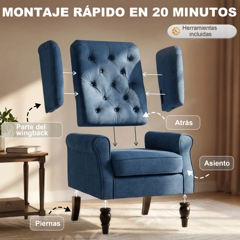 HOMCOM Sillón de Salón con Reposabrazos y Patas de Madera Butaca Carga 160 kg para Dormitorio Oficina Sala de Estar 74x86x102 cm Azul