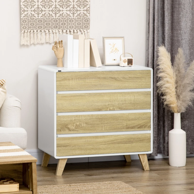 HOMCOM Cómoda con 4 Cajones Cajonera de Madera con Patas Elevadas para Salón Dormitorio 80x40x79,5 cm Blanco y Roble