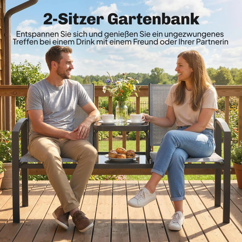 Outsunny 2-Sitzer Gartenbank Sitzbank mit Rücken- & Armlehnen, 2-stufigem Glastisch Parkbank 240kg belast 135 x 67 x 81 cm Grau