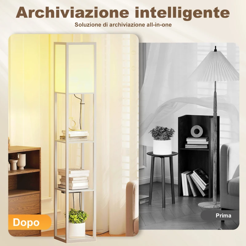 HOMCOM Lampada da Terra con Ripiani, Luce Regolabile, Interruttore a Pedale e Porte USB, Bianco