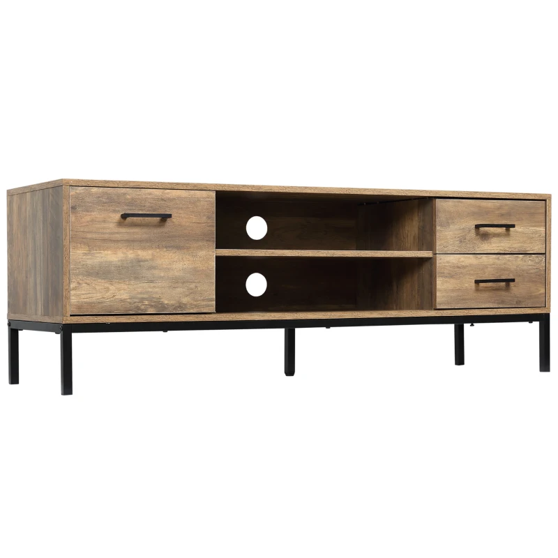 HOMCOM Meuble TV banc TV jusqu'à 50 pouces placard, 2 tiroirs et étagère - 2 passe-câbles - 132 x 39 x 45,5 cm marron noir