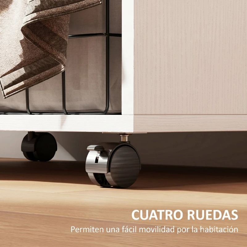 HOMCOM Armario Ropero con Ruedas Cortina Barra para Colgar 2 Compartimentos para Dormitorio 60x40x128 cm Blanco