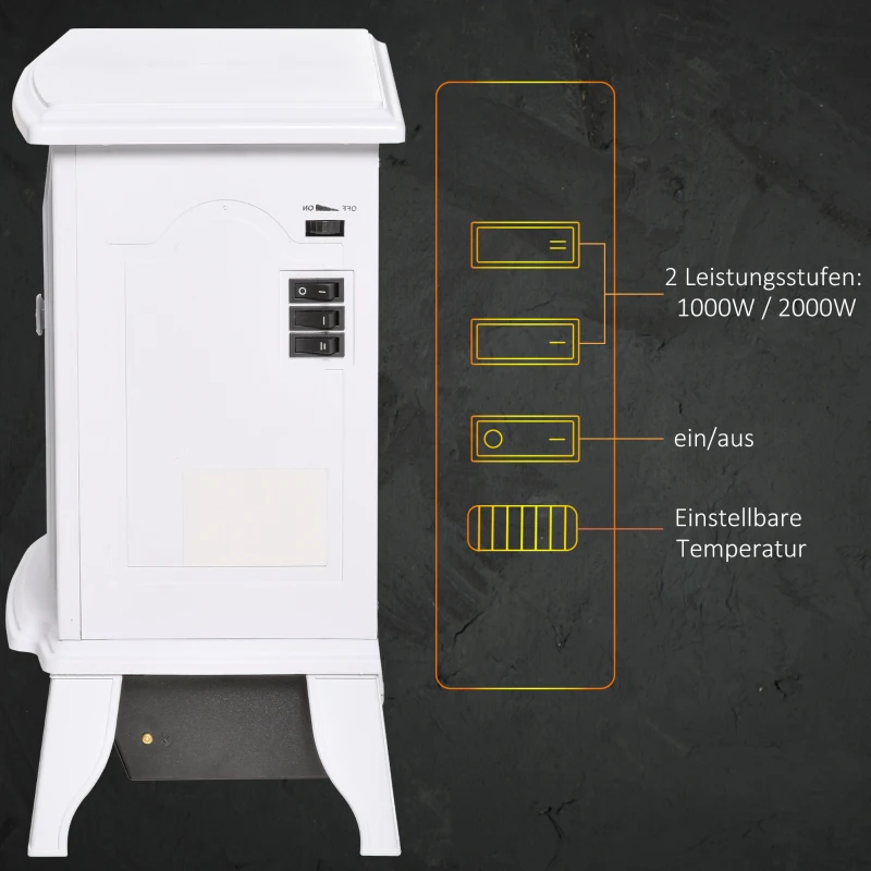 HOMCOM Elektrokamin freistehend, Flammeneffekt, 2 Heizmodi 1000W/2000W, gehärtetes Glas, Weiß, 36,5x24x45,5 cm