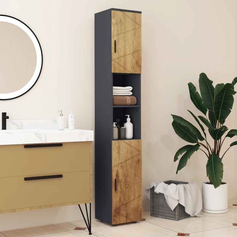 kleankin Colonna Bagno in Truciolato con 2 Ripiani Aperti e 2 Armadietti a 2 Livelli, 30x30x183 cm, Rovere