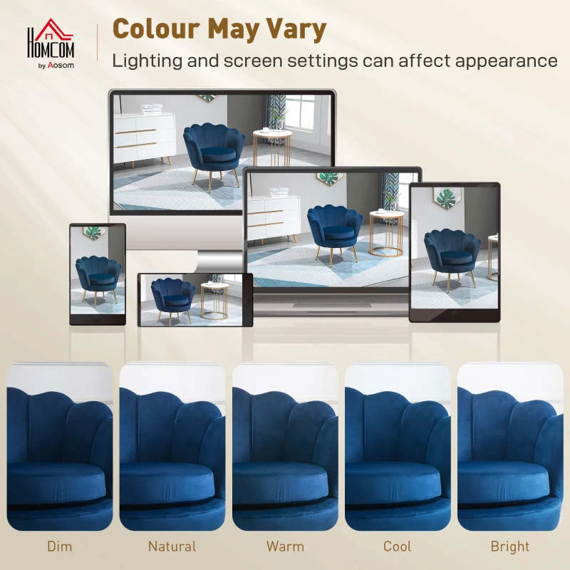 HOMCOM Fauteuil salon fauteuil en velours fauteuil coquillage avec pieds en métal doré pour chambre à coucher, bleu
