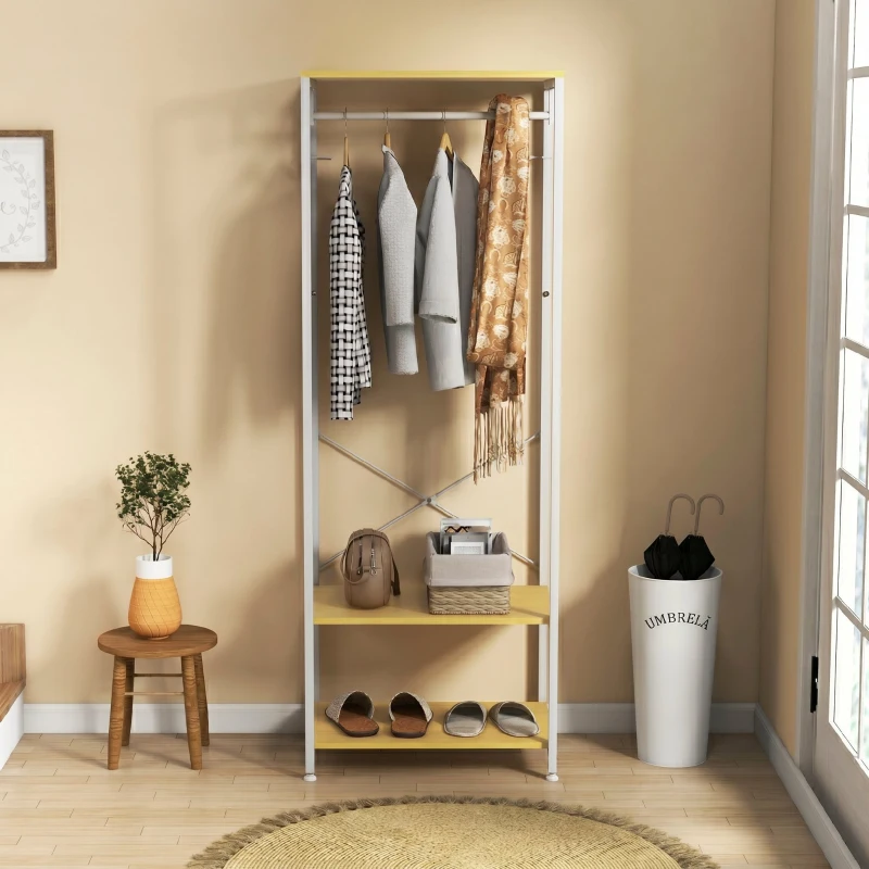 HOMCOM Cuier Mobil 2 în 1 cu Raft pe 2 Niveluri, din Oțel și PAL, 60x40x167.5 cm