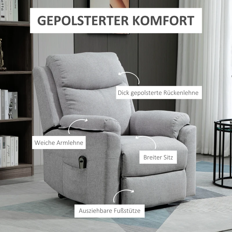 HOMCOM Relaxfauteuil met opsta-hulp, elektrisch, ligfunctie, afstandsbediening, tasjesvering, tot 120 kg, grijs