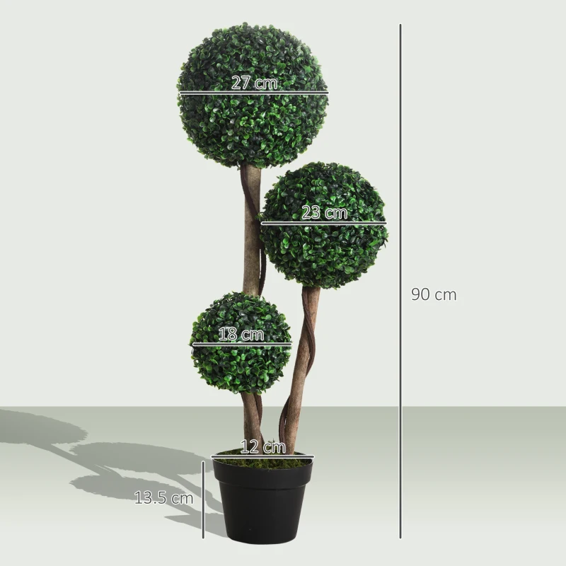 HOMCOM Decorative Artificial Trees Boxwood Ball Topiary Trees in Pot, UV-Cut Fake Plants for Home Indoor Outdoor Decor, 90 cm, Dark Green