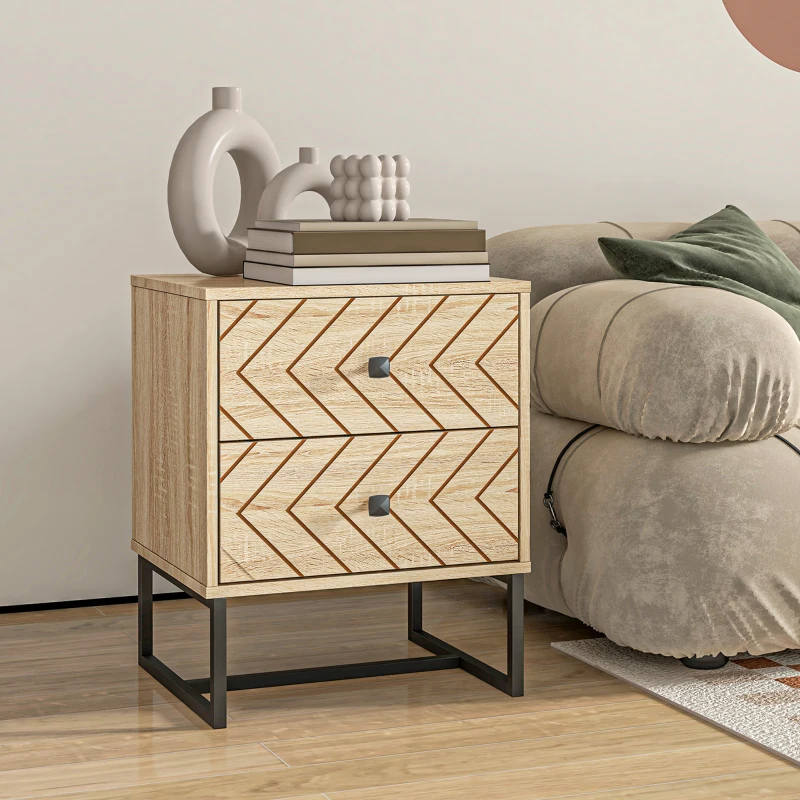 HOMCOM Table de Chevet Table de Nuit Style Graphique 48L x 39,5l x 60H cm 2 tiroirs métal Noir Panneaux Particules MDF Imitation Bois Clair