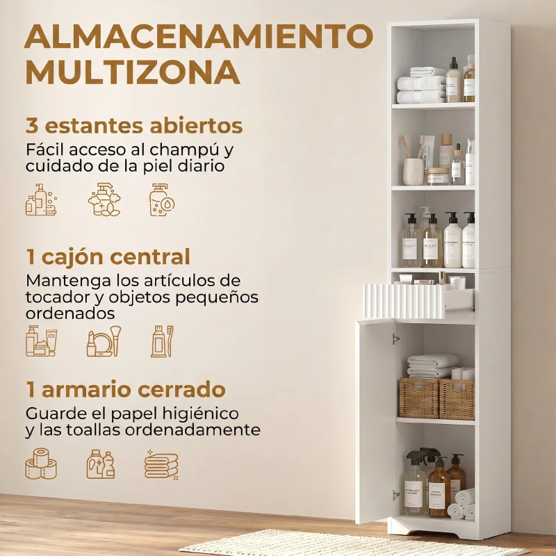 HOMCOM Armario de Baño Alto con Cajón Diseño Acanalado Estante Ajustable Estantes Abiertos para Espacios Pequeños Blanco
