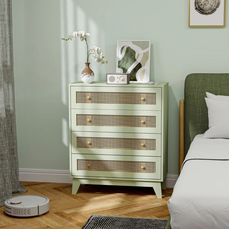 HOMCOM Commode 4 tiroirs meuble de rangement cannage en rotin aspect bois clair 80 x 35 x 95 cm vert