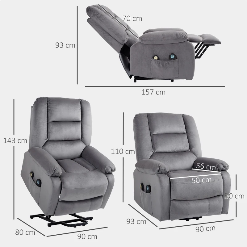 HOMCOM Tv-fauteuil met opsta-hulp, warmte- en massagefunctie, afstandsbediening en zijvak, donkergrijs(m-3)