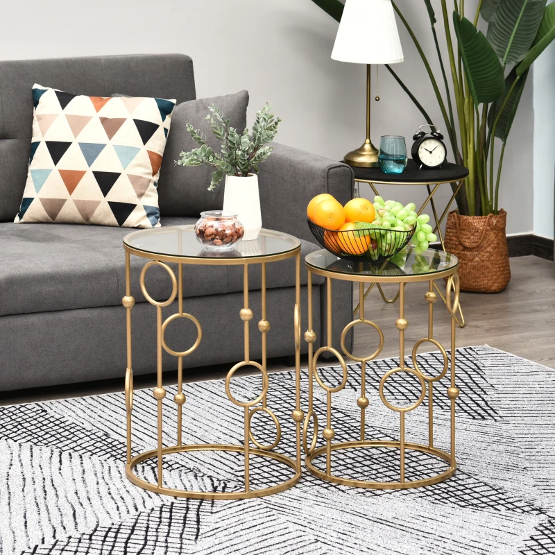 HOMCOM Tables gigognes Lot de 2 Tables Basses Rondes Design Style Art déco Ø 41 et Ø 36 cm métal doré Verre trempé 5 mm