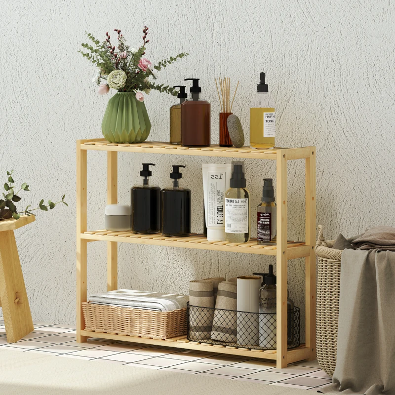 HOMCOM Raft de Baie cu 3 Polițe Reglabile în 5 Poziții, din Bambus, 60x15x50 cm, Culoare Lemn